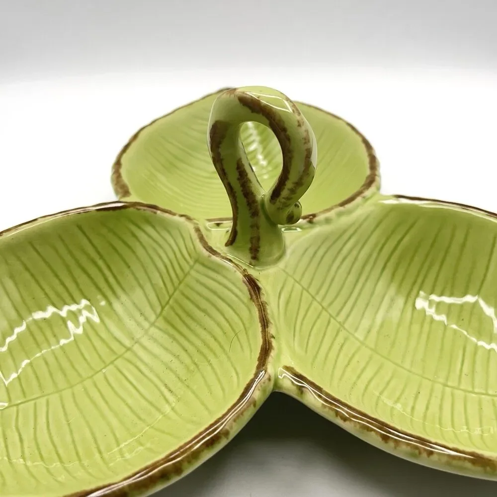 Pottery Barn Tropical Green Leaf Trio Candy Snack Serving Dish 11” w/Handle